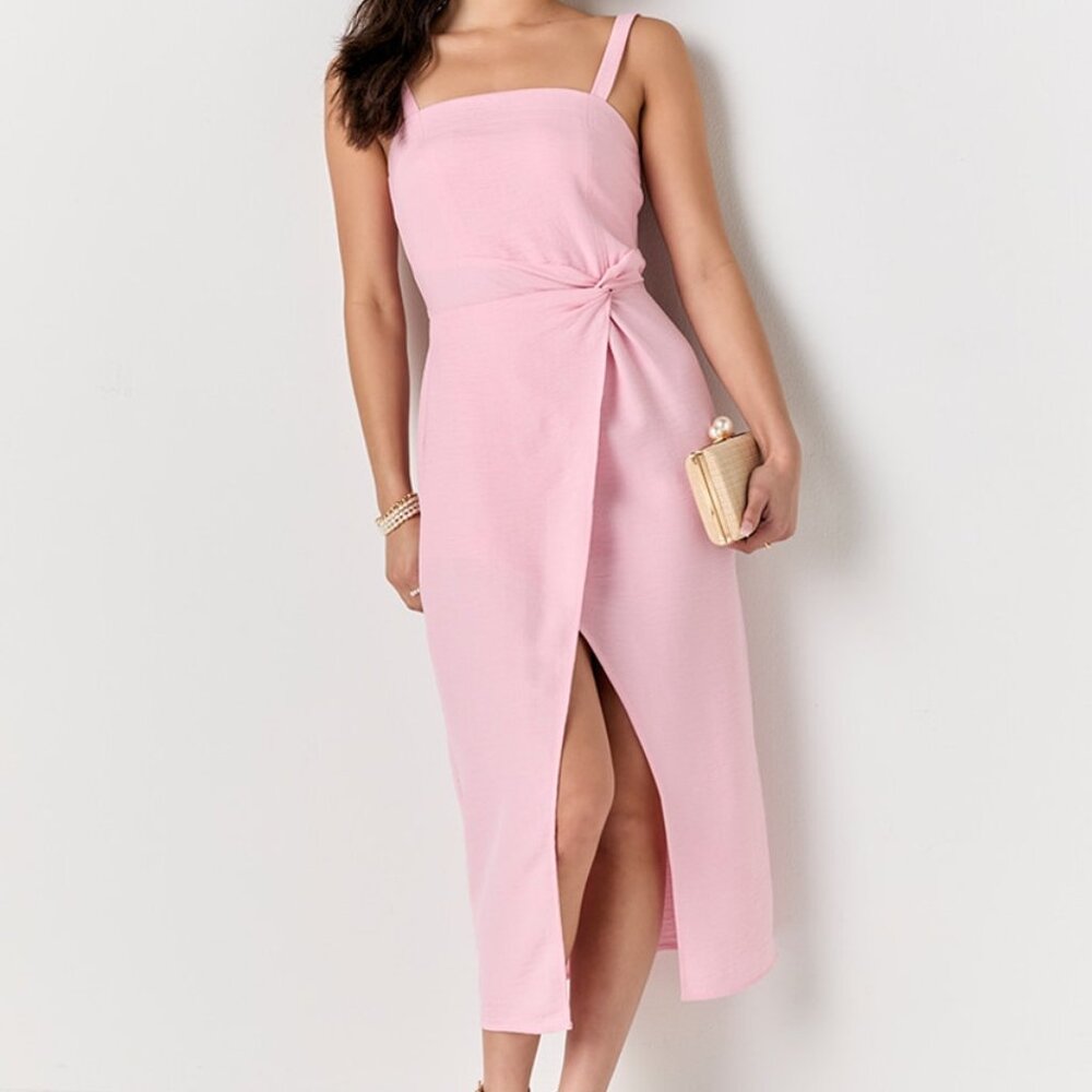 Kayley Light Pink Linen Slit Midi Dress